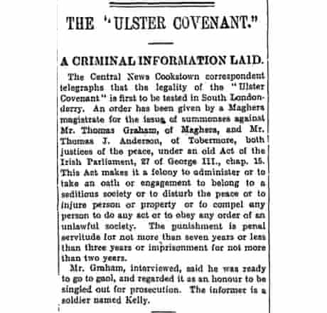 Ulster Covenant criminal case, Manchester GUardian October 4, 1912