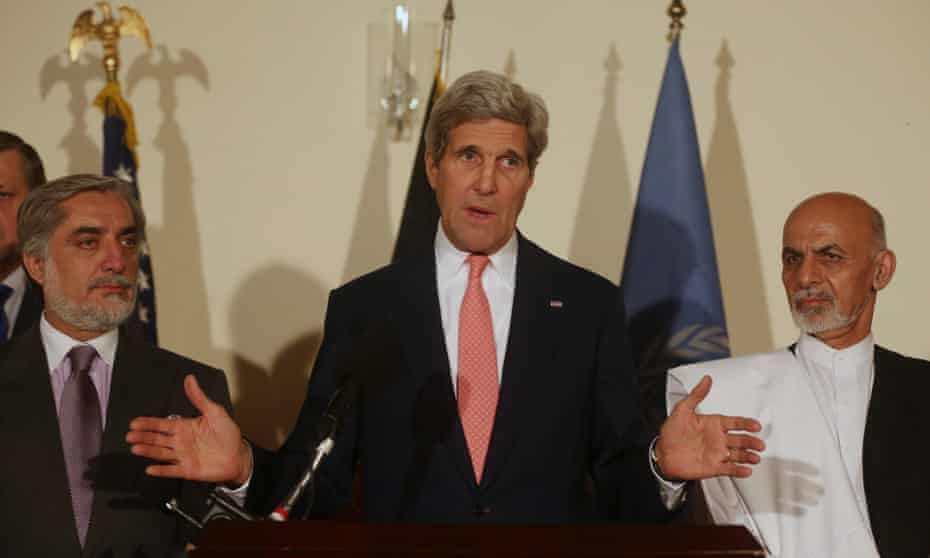 John Kerry, center, Abdullah Abdullah, left, Ashraf Ghani Ahmadzai. afghanistan