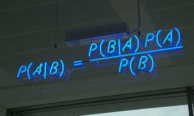 Bayes' theorem spelt out in blue neon at the offices of Autonomy in Cambridge.