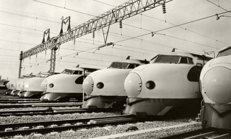 Shinkansen bullet trains at a depot in Fukuoka in 1975.
