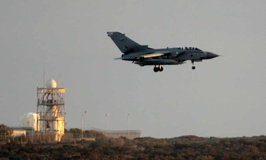 A British Tornado fighter jet lands at the British Royal Air Force's Akrotiri base in Cyprus