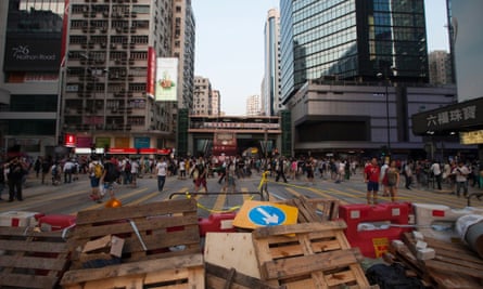 Barricades block a crossroad controlled by activists in Mongkok in Kowloon.