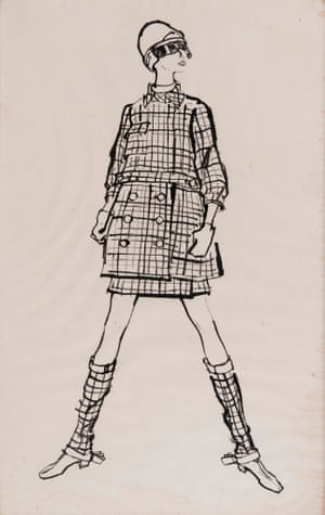 Model wearing design of checked suit and boot covers by Todd Draz for the Sunday Times, 1960s