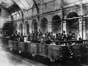 William Gladstone with directors and engineers of the Metropolitan railway company on an inspection of the world's first underground line, London, May 1862.