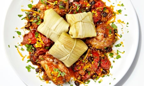yotam ottolenghi's sweetcorn tamales and chilli chicken with chorizo and orange