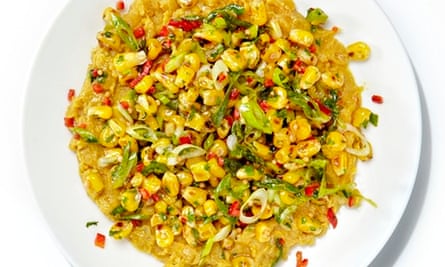 yotam ottolenghi's Crushed yellow split peas with sweetcorn and spring onion salsa 