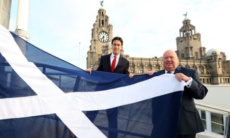 Liverpool City Council leader Joe Anderson and Labour leader, Ed Miliband raising a Saltire on Liverpool waterfront.