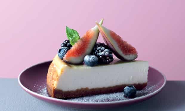 Baked ricotta and cream cheese cheesecake with blackberries, blueberries and figs.