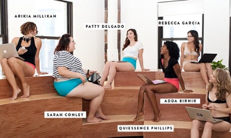 Women sitting in underwear with laptops and other mobile devices