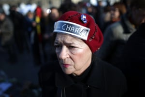 A woman wears a Je Suis Charlie sign in solidarity with the 17 victims of last week’s terrorist attacks in France