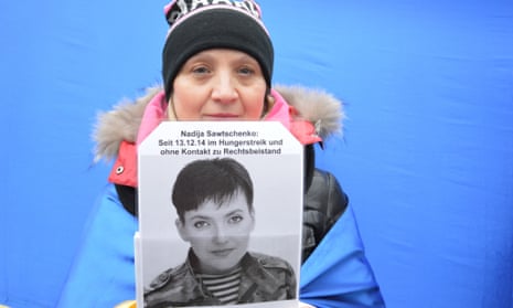 A protester calls for the release Ukrainian pilot Nadia Savchenko in front of the Russian Embassy in Berlin last week. Savchenko was captured by pro-Russian insurgents in eastern Ukraine in June 2014, and is being held in Russia.