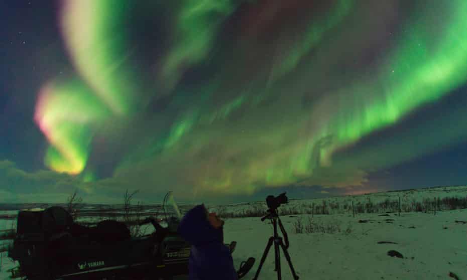 A photographer at the Aurora Safari Park looks up at a stunning showing of the northern lights.