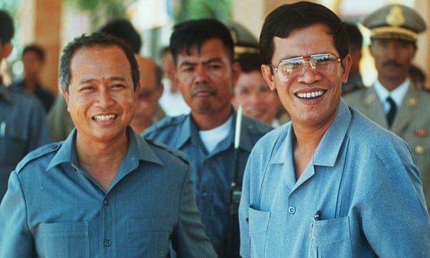 Co-prime ministers Norodom Ranariddh, left, and  Hun Sen after election results forced them into an uneasy coalition.