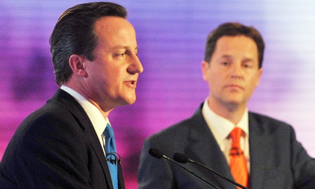 David Cameron and Nick Clegg during the third and final 2010 election debate.