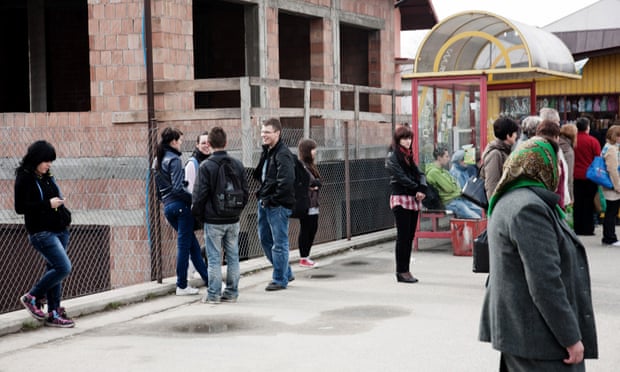 People waiting outside a labour office in Limanowa, near Krakow.