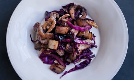 Sharp practice: red cabbage, chipolata and pear.