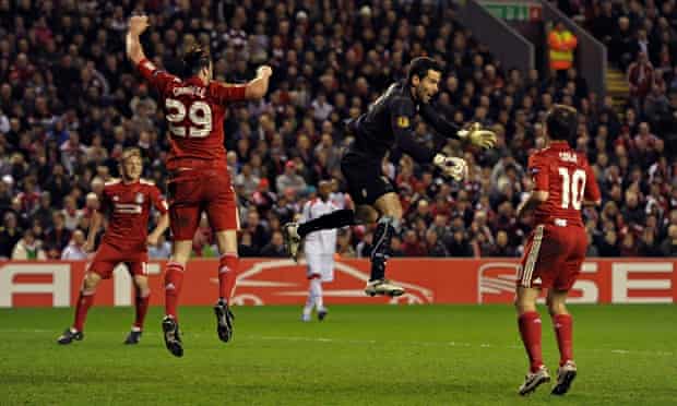 Braga's goalkeeper loses control of the ball against Liverpool, 2011. But where is it?