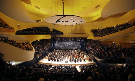 A general view of the new Paris Philharmonie concert hall in Paris, Wednesday, Jan. 14, 2015. The Philharmonie, a multi-level concert complex whose main hall seats 2,400 on sweeping balconies surrounding the centre stage, took eight years and 386 million euros ($455 million) of public money to build -- a budget three times its initial estimate.