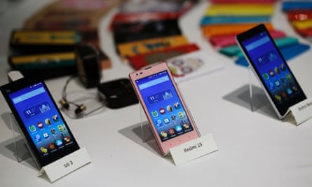 Three models of China's Xiaomi Mi phones pictured at a launch in New Delhi in July 2014.
