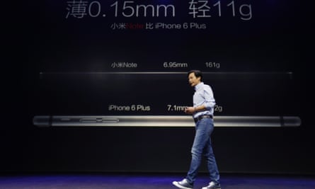 Lei Jun stakes Xiaomi's claim to Apple Inc's crown as he unveils the flagship Mi Note, its challenger to Apple's iPhone 6 Plus.