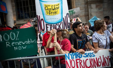 Protesters demand a statewide ban on hydraulic fracturing, a controversial technique for removing oil and natural gas from the earth also known as 'fracking,' on June 30, 2014 in New York City.  The protest was held outside a Democratic party event with New York Governor Andrew Cuomo attending.