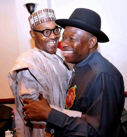 President Jonathan (right) and rival presidential contender Muhammadu Buhari in Abuja on 15 January.