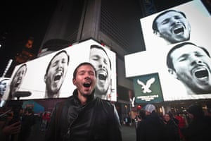 New York, US Artist Sebastian Errazuriz yawns while posing for  pictures as his video installation titled A Pause in the City That Never Sleeps is projected on screens in Times Square