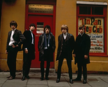 The Rolling Stones line up outside the Tin Pan Alley Club in London, 1963. From left to right, Mick Jagger, Keith Richards, Bill Wyman, Brian Jones (1942 - 1969) and Charlie Watts. (Photo by Terry O'Neill/Hulton Archive/Getty 