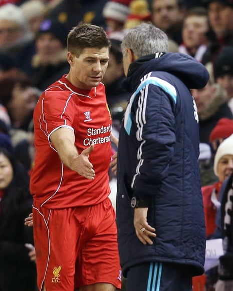 Steven Gerrard shakes hands with Chelsea manager Jose Mourinho after being substituted.