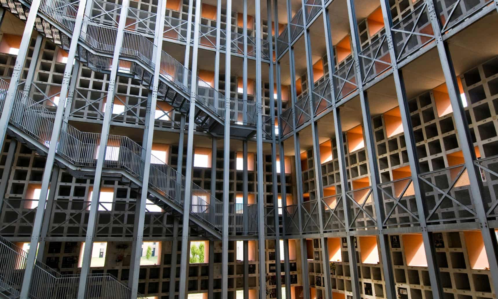 Inside the modernist San Cataldo cemetery in Modena, Italy.