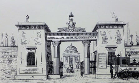 Augustus Pugin’s satirical sketch mocks the clashing architectural styles of London’s new commercial cemeteries.