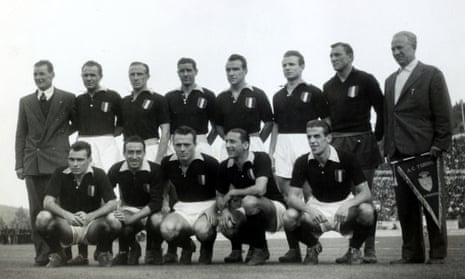 Ernö Erbstein, far right, lines up with his Torino team before the friendly against Benfica on 3 May 1949.  Tragically the entire Torino team was killed the following day in the Superga air disaster.