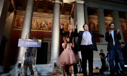 Syriza leader Alexis Tsipras, second right, celebrates success in May’s European parliament elections with Athens governor Rena Dourou, left, and mayoral candidate Gabriel Sakellaridis.
