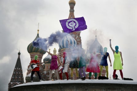 Pussy Riot perform in front of Saint Basil’s Cathedral in Moscow, 2012.