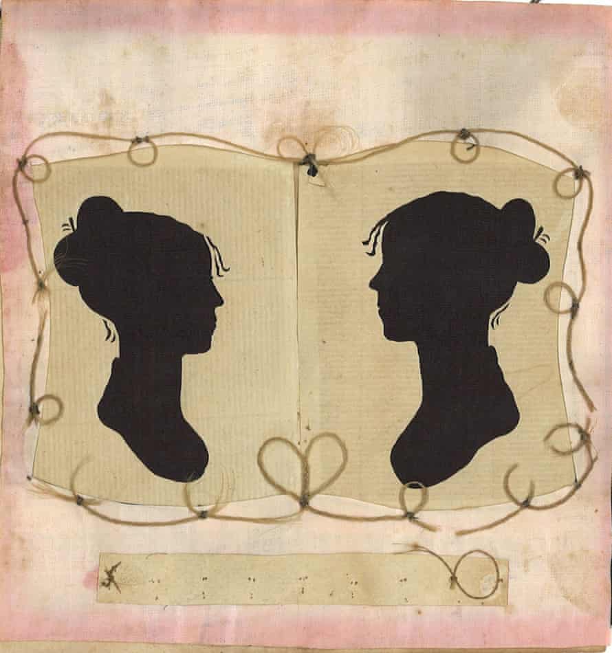 A double portrait of Charity Bryant and Sylvia Drake  surrounded by locks of their hair, c1820.