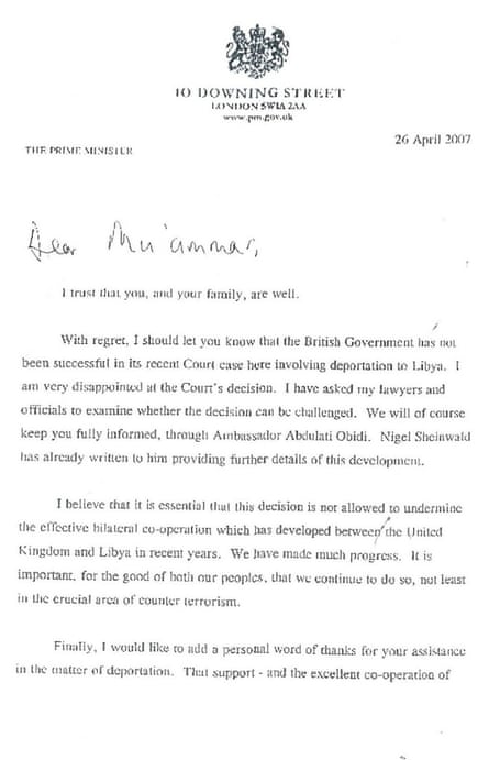 Page 1 of Tony Blair's letter to Muammar Gaddafi