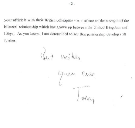 Tony Blair's letter to Muammar Gaddafi in April 2007.