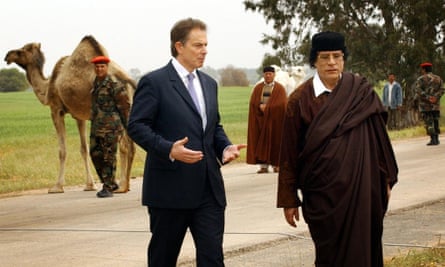 Blair and Gaddafi during a break in talks held in March 2004.