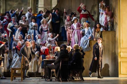 ‘Incredible energy’: tenor Jonas Kaufmann, exiting far right, in the title role of Andrea Chénier at the Royal Opera House.