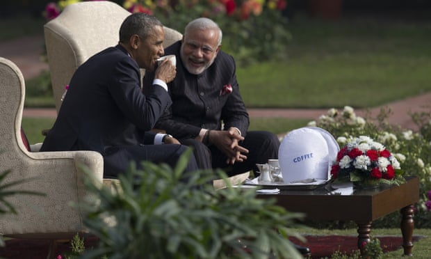 Obama and Modi have coffee and tea in the gardens of the Hyderabad House in Delhi, India.