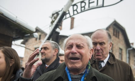 Mordechai Ronen is overcome with emotion as he arrives at Auschwitz.