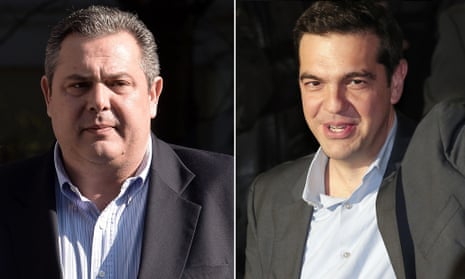 Panos Kammenos (left) and Alexis Tsipras, whose parties will form the new government in Greece.