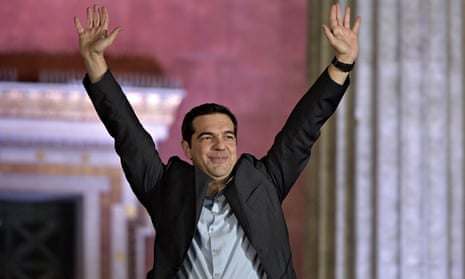Syriza leader Alexis Tsipras greets supporters following his party's victory