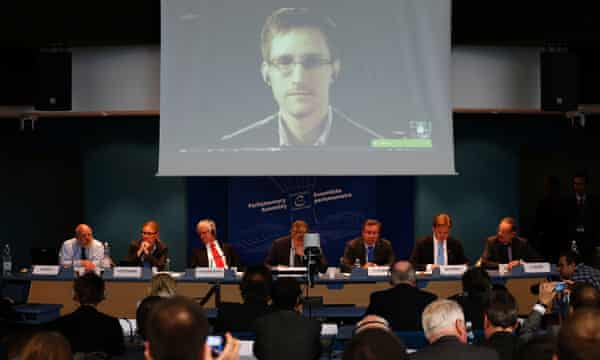 Edward Snowden speaks to the Parliamentary Assembly of the Council of Europe during a hearing on mass surveillance
