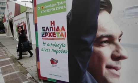 A banner with a picture of Alexis Tsipras, head of Greece's Syriza leftwing main opposition party, decorates the party's campaign kiosk in central Athens, Tuesday, Jan. 20, 2015. The main sign reads in Greek: 'Greens, (referring to the Green party) support Syriza,' and 'Hope is coming'.