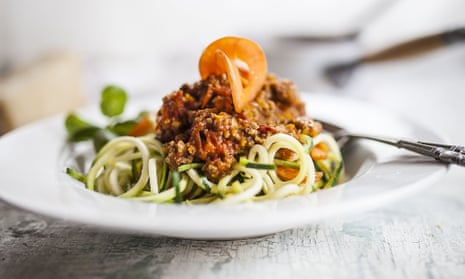 Spaghetti made from courgettes with bolognaise sauce.