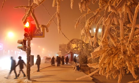 Residents of Yakutsk walk in temperatures of -46C last January.