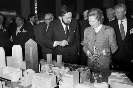 Margaret Thatcher being shown a model of the proposed development at Canary Wharf by the developer Paul Reichmann, in 1988.