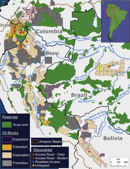 Map features the current state of all hydrocarbon blocks and known discoveries. For discoveries, symbols indicate access type (and era for access roads)