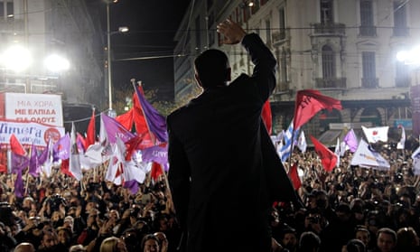 The leader of Syriza, Alexis Tsipras, waves to supporters at a rally in Athens, 22 January 2015.